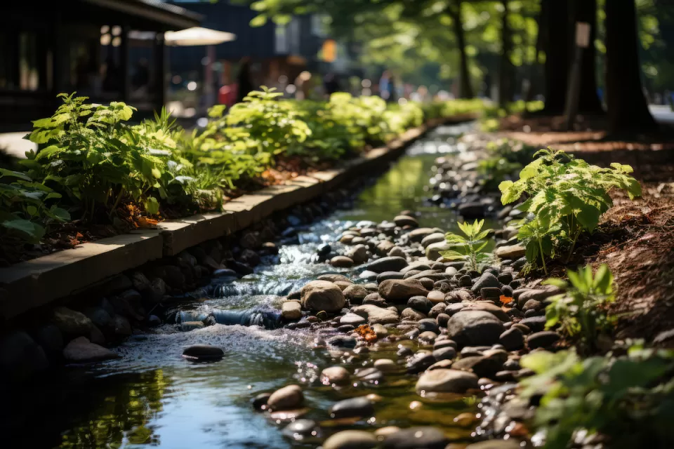 Close-up of bioswale drain with pebbles and various small plants with water running through.